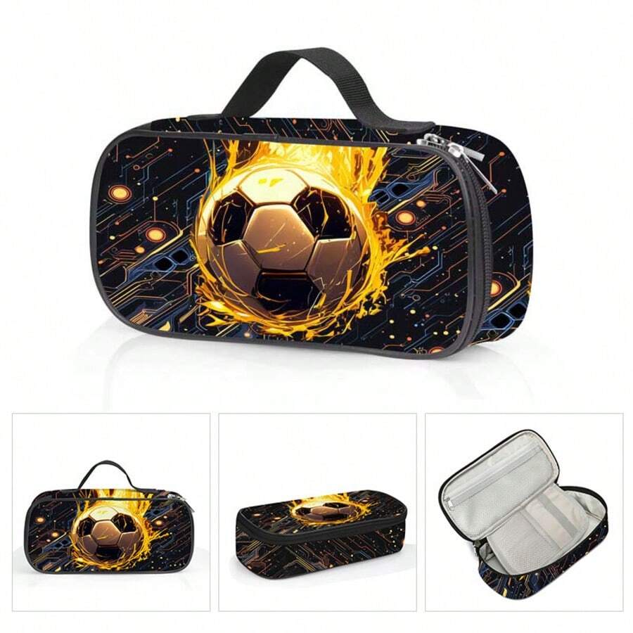 Unisex Football Printed Pencil Case With Compartments, Suitable For Pens, Keys, Phones, Coins, Small Items, Multipurpose For School, Home, Gifts, Vacation, Holidays (Back To School, Christmas) - 金色足球二 - 查看 1