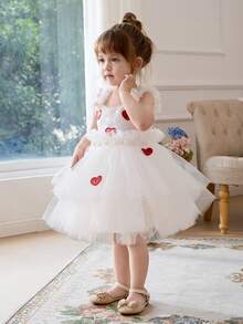 女婴白色亮片撞色红色爱心贴花优雅情人节派对礼服，公主裙，适合女婴一周岁生日派对、婚礼花童、奢华场合庆典礼服 - 白色 - 查看 8