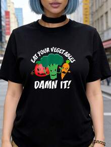 Iss dein Gemüse, ! Vegan Vegetarisch Gemüseliebhaber T-Shirt Damen T-Shirt Grafik-T-Shirts Crop Tops Outfits Tops T-Shirt ZZ0B - Schwarz - Übersicht 1