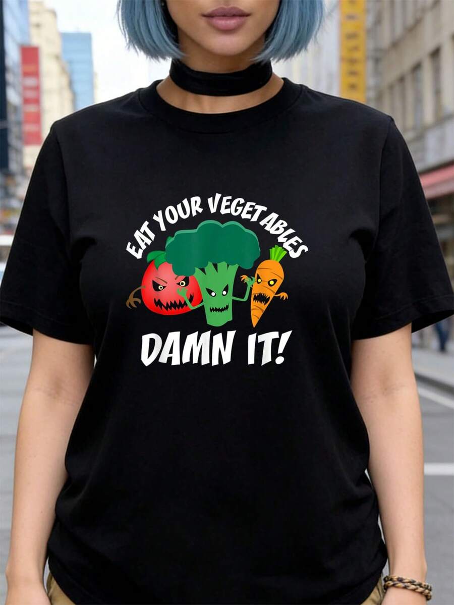 Iss dein Gemüse, ! Vegan Vegetarisch Gemüseliebhaber T-Shirt Damen T-Shirt Grafik-T-Shirts Crop Tops Outfits Tops T-Shirt ZZ0B - Schwarz - Übersicht 1