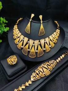 4件套女士镀金项链、耳环、手链、戒指首饰套装，中东迪拜非洲新娘婚礼派对首饰，情人节母亲节礼物，项链耳环套装