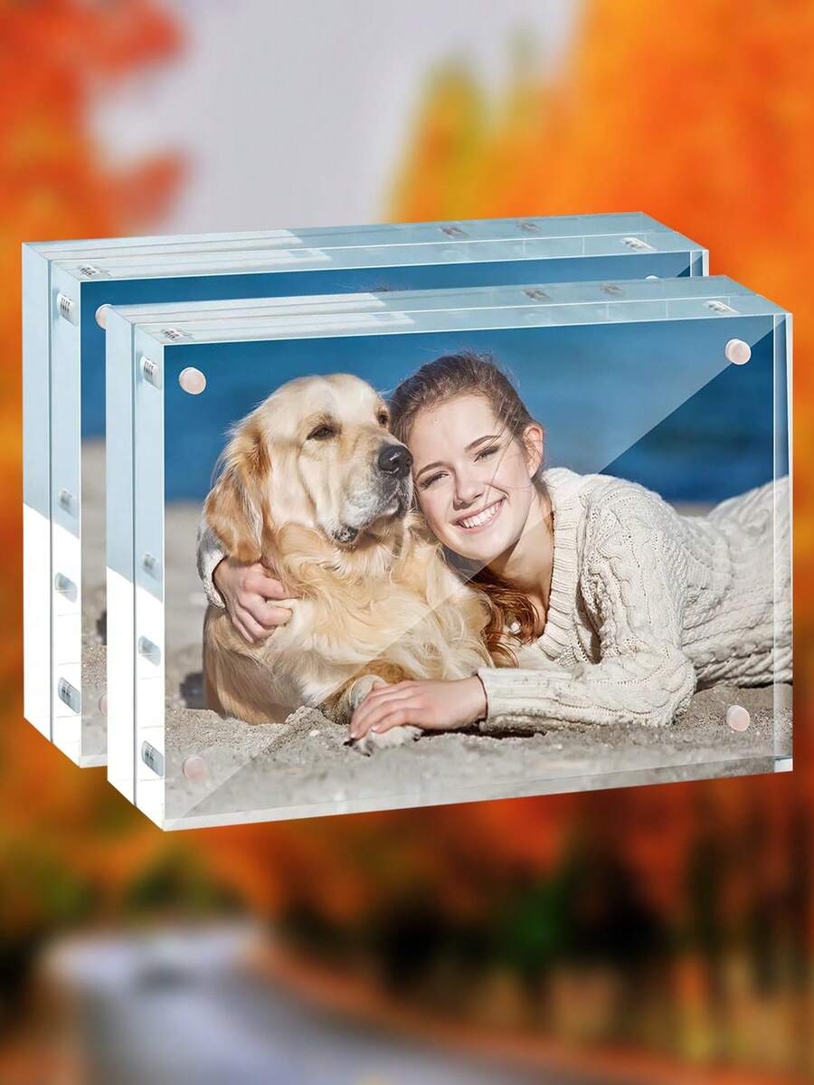 20% Thicker Acrylic Photo Frame, Transparent Acrylic Magnetic Double-Sided Frameless Square Photo Frame, Desktop Display Gift - Clear - View 1
