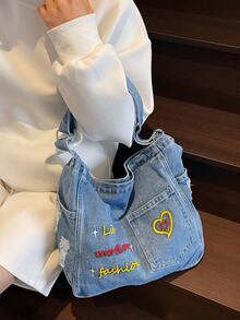 1个休闲简约大容量牛仔布手提包，简约百搭单肩/斜挎购物包 - 淺藍色 - 查看 5