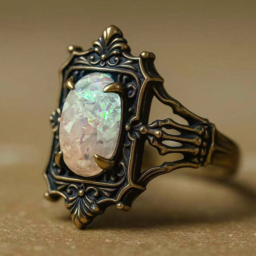 1Pc New Retro Gold Inlaid Opal Women's Ring Halloween Ghost Hand Jewelry Thanksgiving Valentine's Day Family - 復古澳寶戒指 - 查看 1