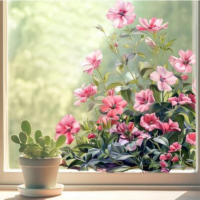 1 قطعة ملصقات نافذة زهور الربيع الوردية، ملصقات نافذة قابلة لإعادة الاستخدام من البولي فينيل كلوريد ذات التصاق ثنائي الاتجاه، مناسبة لديكور غرفة المعيشة والنوم والحمام والمطبخ.