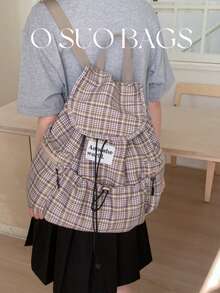 1pc Fashionable Plaid Multi-Pocket Nylon Casual Backpack, Waterproof Lightweight Foldable Drawstring Patch Letter Travel Bag - Multicolor - View 7