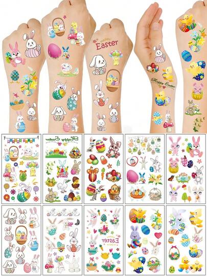 10pcs Easter Temporary Tattoos, Egg & Bunny Temporary Tattoos, Face & Body Stickers, Suitable For Easter Holiday Party Decorations