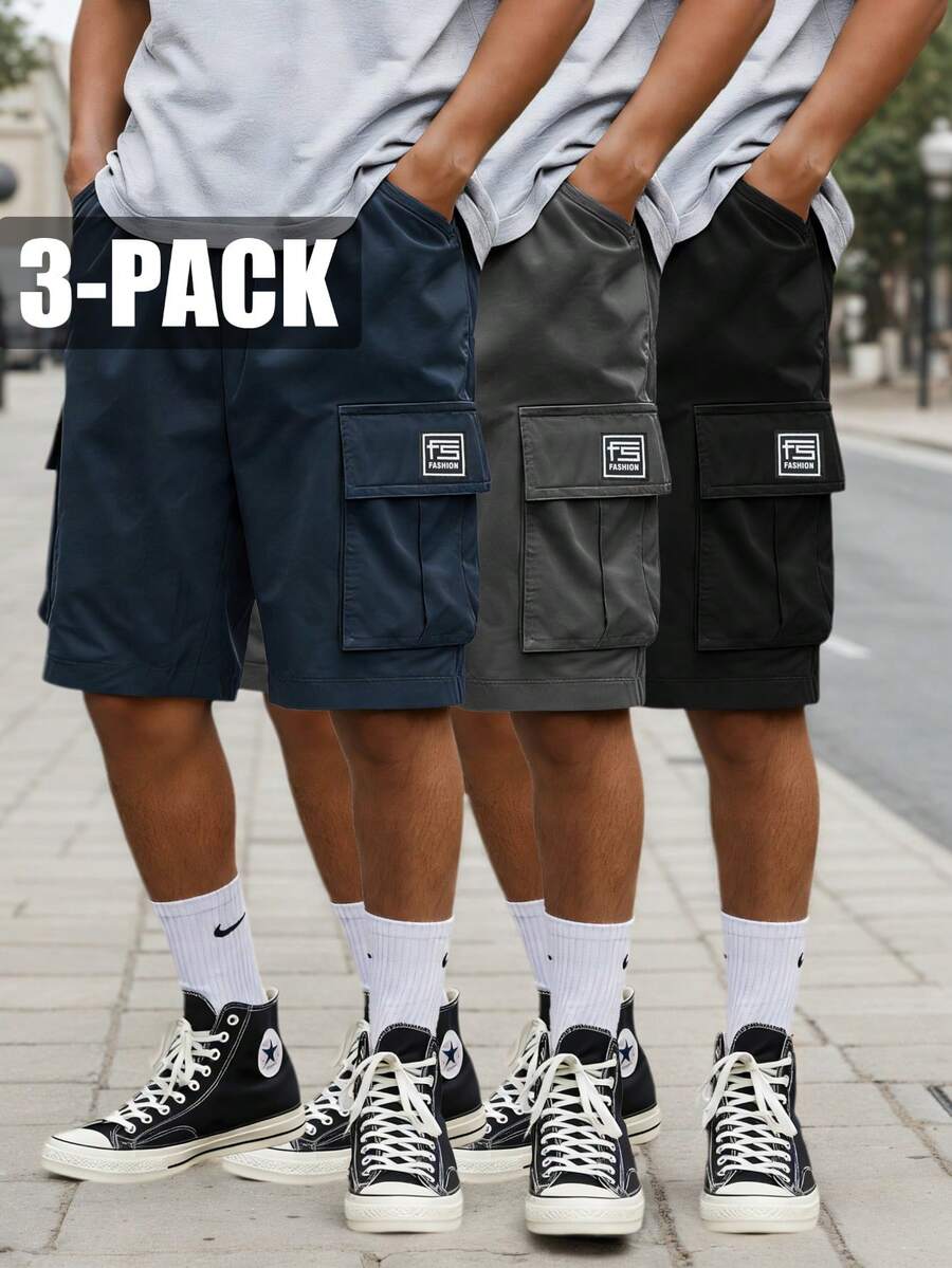 Pack de 3 pantalones cortos cargo para hombre | Pantalones cortos casuales, versátiles y de moda para el verano | Bolsillos múltiples con cordón ajustable | Pantalones cortos deportivos de estilo urbano para hombre - Azul + Gris + Negro - Ver 1