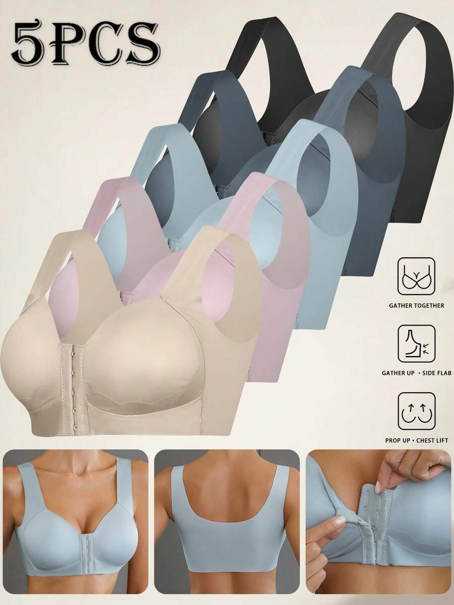 5-Piece Set Of Women's Bras, With Adjustable Front Snap Design, Providing Shaping And Firming Effect, Making The Breast Shape More Rounded And Upright. One-Piece Non-Detachable Padding, Which Doesn't Fall Out Of The Cups. Strong Elasticity, Comfortable Fit, Suitable For Daily Wear Bras. - Nhiều màu - Xem 1