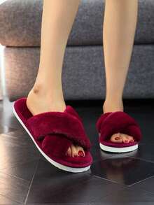 1pcs Latest Crisscross Design Fluffy Women's Indoor Slippers, Fashionable & Minimalist, Silent, Perfect For Home Use - Burgundy - View 3