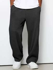 Men's Waffle Loose Straight Leg Pants, Casual Solid Color Retro Style, Autumn/Winter - Black - View 2