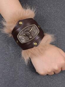 2pcs Medieval Viking Faux Fur And PU Leather Bracers, Renaissance Knight Wrist Guards, Suitable For Renaissance Viking Fair, Role-Playing Games, Halloween Costume Accessories Props - Brown - View 14