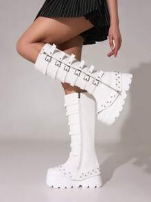 Women's Y2K Style Black Metal Punk Combination Long Boots Cool Platform Height-Enhancing Knee-High Botines Zipper Buckle Leggings Botas, Christmas And Halloween Style Boots - 白色 - 查看 8