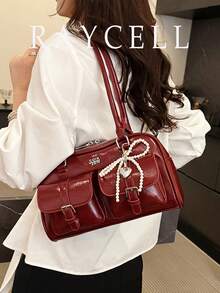 Women's Retro Solid Color Pu Leather Shoulder Bag With Multiple Pockets Large Capacity Comes With A Detachable Accessory Charm - Red - View 2