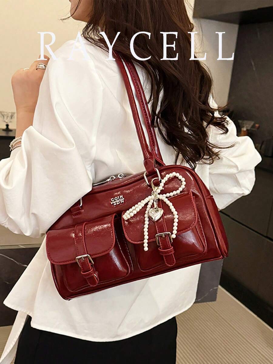 Women's Retro Solid Color Pu Leather Shoulder Bag With Multiple Pockets Large Capacity Comes With A Detachable Accessory Charm