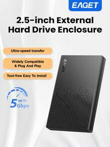 EAGET 2.5英寸外置硬盘盒，USB 3.0 SATA SSD/HDD硬盘盒，5Gbps高速传输，支持UASP TRIM，免工具安装，即插即用，适用于PC、电视和移动设备。 - 黑色 - 查看 1