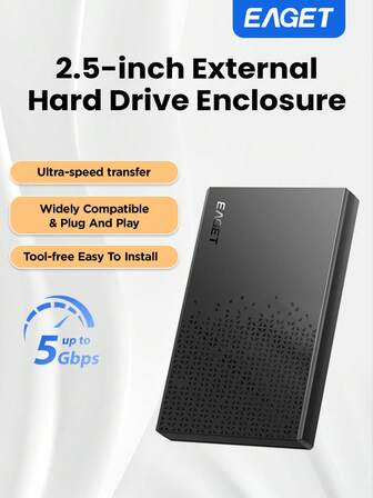 EAGET Carcasa de disco duro externo de 2.5 pulgadas, Caja USB 3.0 SATA SSD HDD, 5Gbps de alta velocidad con UASP TRIM, instalación sin herramientas, plug and play para PC TV móvil