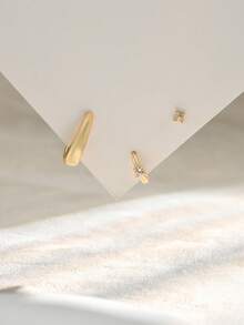 Nooxian 3pcs/Set Fashionable & Elegant Clover, Single Diamond, Geometric Oval Hoop Earrings, Suitable For Daily Wear And Vacation - Yellow Gold - View 2