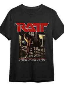 1pc Retro Ratta 1985 Camiseta Gráfica de Viaje Vintage, Camiseta de Algodón de Manga Corta con Cuello Redondo, Camiseta Casual para Hombre para Fin de Semana, Verano - Negra con Logo "RATT" en Negrita y Diseño "Invasión de Tu Privacidad", Ropa Casual |     Camiseta gráfica vintage |     Fi cómodo. - Negro - Ver 1
