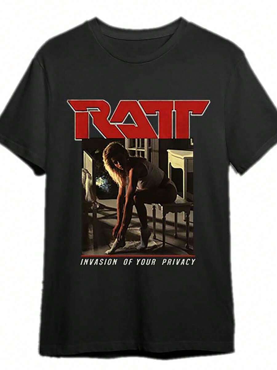 1pc Retro Ratta 1985 Camiseta Gráfica de Viaje Vintage, Camiseta de Algodón de Manga Corta con Cuello Redondo, Camiseta Casual para Hombre para Fin de Semana, Verano - Negra con Logo "RATT" en Negrita y Diseño "Invasión de Tu Privacidad", Ropa Casual |     Camiseta gráfica vintage |     Fi cómodo. - Negro - Ver 1
