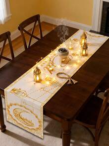 Einteilige, weiß-goldene Tischdecke, Kareem-Festtischdecke, Festliche Dekorationen für Zuhause, Dekorationen für muslimische Partys, Geschenke, Werbegeschenke, Festliche Dekorationen, Tischdekorationen mit Festblumen - Verschiedenfarbig - Übersicht 3