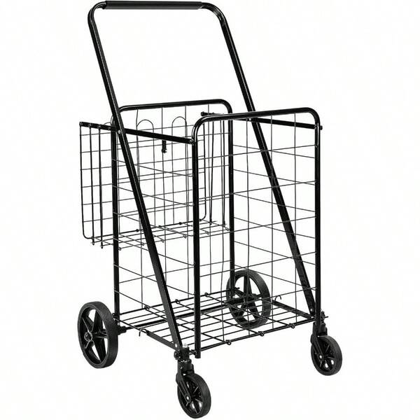 Carrito de compras plegable y utilitario con ruedas de 360 grados, fácil de ensamblar, color negro, extra grande