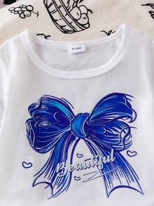 2pcs Baby Girl Cute Bow Print Short Sleeve Round Neck T-Shirt Top And Bowknot Denim Flare Leg Pants Set - White - View 3