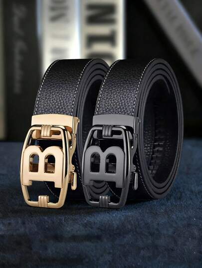 1pc Men's Letter Automatic Buckle Belt: Adjustable Auto-Buckle Design For Formal/Casual Occasions, Enabling Precise And Effortless Size Adjustment. Crafted From High-Quality Textured Leather, It Pairs Seamlessly With Suits, Jeans, Or Everyday Outfits