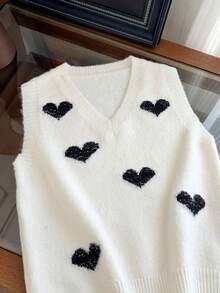 1 pieza Chaleco de mujer con cuello en V de lentejuelas en forma de corazón y contraste de color, versátil, suave y dulce, sin mangas, para usar en capas en el Día de San Valentín - Blanco - Ver 4