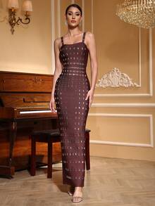 Girsdy 棕色无袖粗肩带露背修身绷带镂空优雅连衣裙，适合晚宴、演出、婚礼、派对、生日、春季假期等场合。 - 棕色 - 查看 6