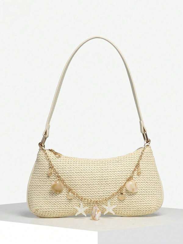 1pc Women's Vintage Resort Ocean Creature Faux Pearl Cherry Faux Fur Tail Woven Crossbody Bag, Suitable For Dates, Outings, Vacations , Beach