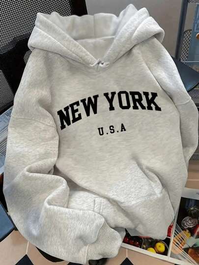 Mujer003 Sudadera de mujer  invierno sudadera de manga larga cómoda suave Sudadera con capucha gris con el estampado "NEW YORK U.S.A" que brinda un estilo urbano y clásico