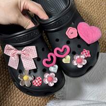 12 Stücke süße Y2K Plüsch Herz, Schleife, Stern Form Schuh Charm Accessoires, geeignet für Strandsandalen - Pink - Übersicht 1