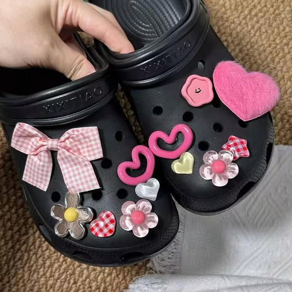 12pcs Cute Y2K Plush Heart, Bow, Star Shape Shoe Charm Accessories, Suitable For Beach Sandals
