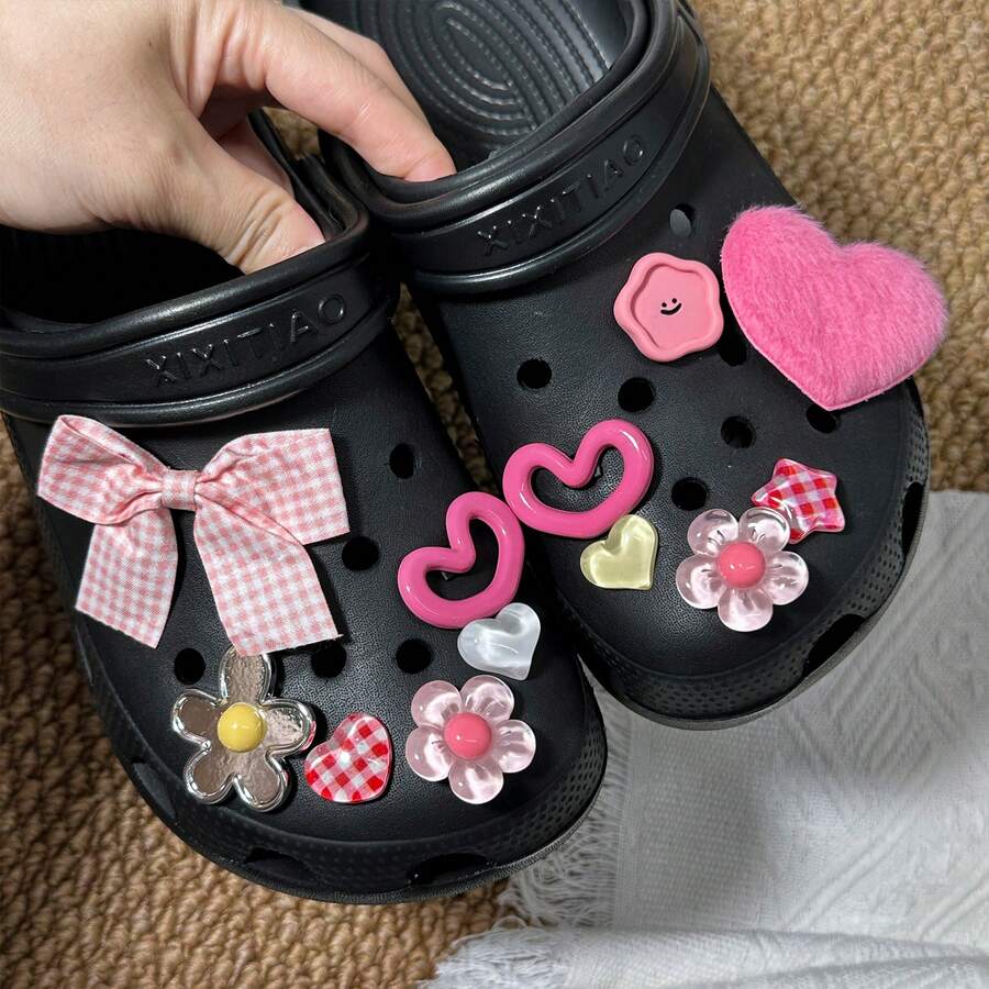 12 Stücke süße Y2K Plüsch Herz, Schleife, Stern Form Schuh Charm Accessoires, geeignet für Strandsandalen - Pink - Übersicht 1