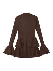 Vestido formal de manga larga con cuello de volantes/volantes multicapa de tela de punto de unicolor elegante para mujer, adecuado para otoño y primavera - Café integral - Ver 10