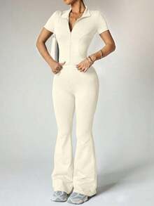 Women's Yoga Workout Set: Short Sleeve Zip-Up Jacket And High-Waisted Flare Pants - Moisture-Wicking, 4-Way Stretch, Suitable For Yoga, Pilates, Gym Workouts (Multiple Colors/Sizes Available) - 杏色 - 查看 7