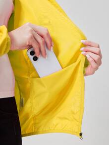 1件女款夏季超薄連帽運動外套，純色長袖女上衣，附收納口袋，黃色 - 黃色 - 查看 5