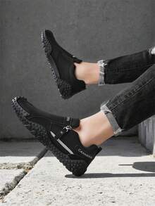 2025春夏新款男士透气麂皮和猪皮增高运动鞋，耐穿高帮厚底减震防滑休闲一脚蹬乐福鞋，适合所有季节 - 黑色 - 查看 9