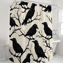 1Pc Gothic Crow & Floral Shower Curtain, Black & White Botanical Print, Machine Washable Polyester With 12 Hooks, Modern Elegant Bathroom Decor, Smooth Texture Fabric For Stylish Home Aesthetics, Bathroom Decor And Accessories - 顏色8 - 查看 2