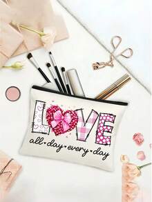 1/2个可爱爱心帆布手提袋，单面印花，可重复使用购物袋，大容量，帆布材质，爱心礼物，情人节礼物，浪漫情人节礼物，休闲风格 - 彩色 - 查看 5