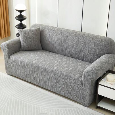 1 pieza Funda de sofá de felpa gris con estampado de hojas (incluye 1 funda de almohada), estilo nórdico moderno de poliéster, resistente al polvo y antideslizante, engrosada, adecuada para sofás de 1/2/3/4 plazas, especialmente adecuada para la decoración de sofás de otoño/invierno