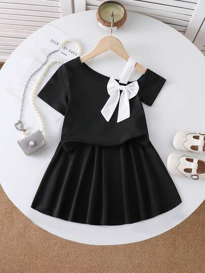 2pcs Girls' Black And White Color Block Two Pieces Set New Children's One-Shoulder Bow Top Summer Skirt Kids' Clothing