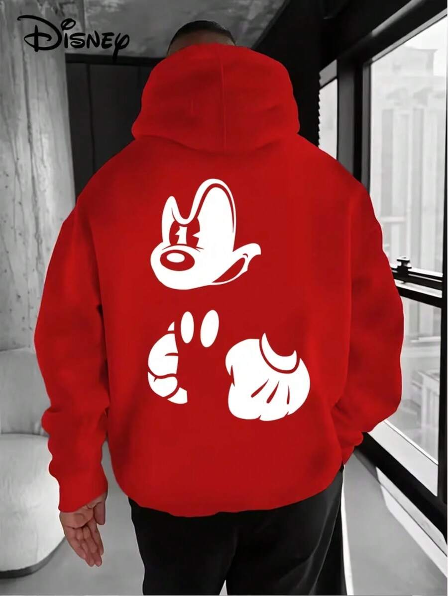 Angry Mickey Hoodie-Men's Cartoon Pattern Pullover, Loose Hoodie Sweater In Front Pocket, Suitable For Casual Wear, Disney's Birthday Gift, Travel Clothes, Playful Design, Comfortable Fabrics, Fan Clothes, Movie Lovers, Home Clothes, Durable Materials, Printed Sweatshirts, Men. - Red - View 1