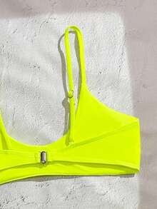 女士纯色挂脖比基尼套装，性感三角泳裤，可调节肩带，夏季泳装度假沙滩装 - 黃色 - 查看 9