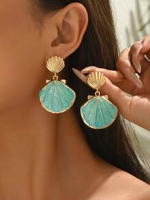 1 Pair Fashionable Vintage New Creative Summer Beach Vacation Ocean Style Metal Shell Ombre Dangle Earrings, Women's Everyday Versatile Holiday Party Gift For Family/Friends - Golden Yellow+Green - View 6