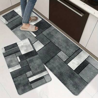 1 pieza Alfombra minimalista de patrón geométrico blanco y gris, antideslizante, suave y duradera, fácil de limpiar, alfombra de pelo bajo rectangular para la cocina, sala de estar, dormitorio, lavandería, baño