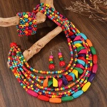 1 Set Handmade Multi-Layer Exaggerated Wooden Bead Necklace, Boho Style Bib Necklace For Women, Suitable For Beach, Party, Middle Eastern Formal Occasions, Colorful Necklace & Earrings & Bracelet Jewelry Set - Color 1 - View 6