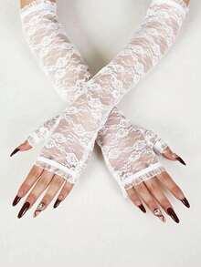 1 双黑色蕾丝花朵设计手套，新娘婚礼手部装饰 - 适合单身派对和婚礼装饰手套，万圣节，情人节，秋季配饰 - 彩色 - 查看 7