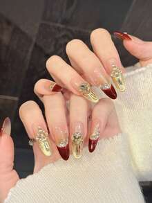 10PCS Long Oval Fake Nails With French Gold Red Tip Design Rhinestone Decor For Party Wedding Nail Supplies - Multicolor - View 3